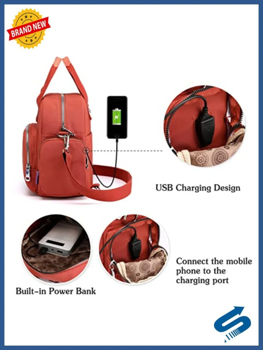 Nylon Water-Resistant Backpack with USB Charging Port, Convertible Crossbody